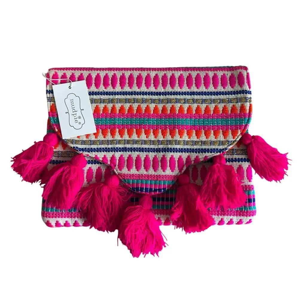 Mud Pie Woven Tassel Pink Clutch Purse NEW